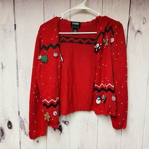 Studio FA LA LA Sweater Women's Size Small Red Christmas Snowman Santa Trees